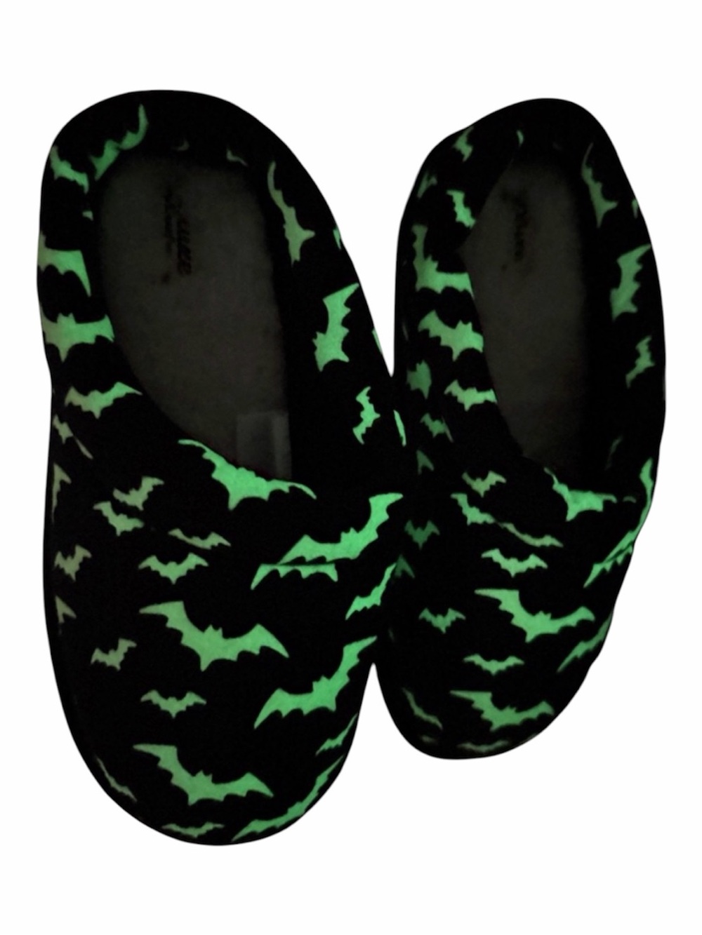 NWT Kid’s Halloween Glow in the Dark Bats Dearfoams Slippers Black Bat Slides 11